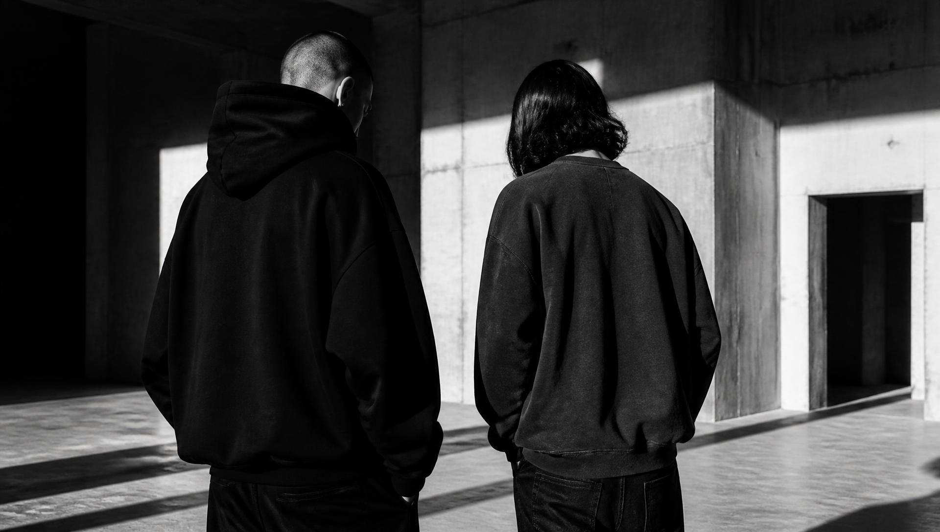 Two people in oversized black hoodies and washed sweatshirts standing in a bare concrete space